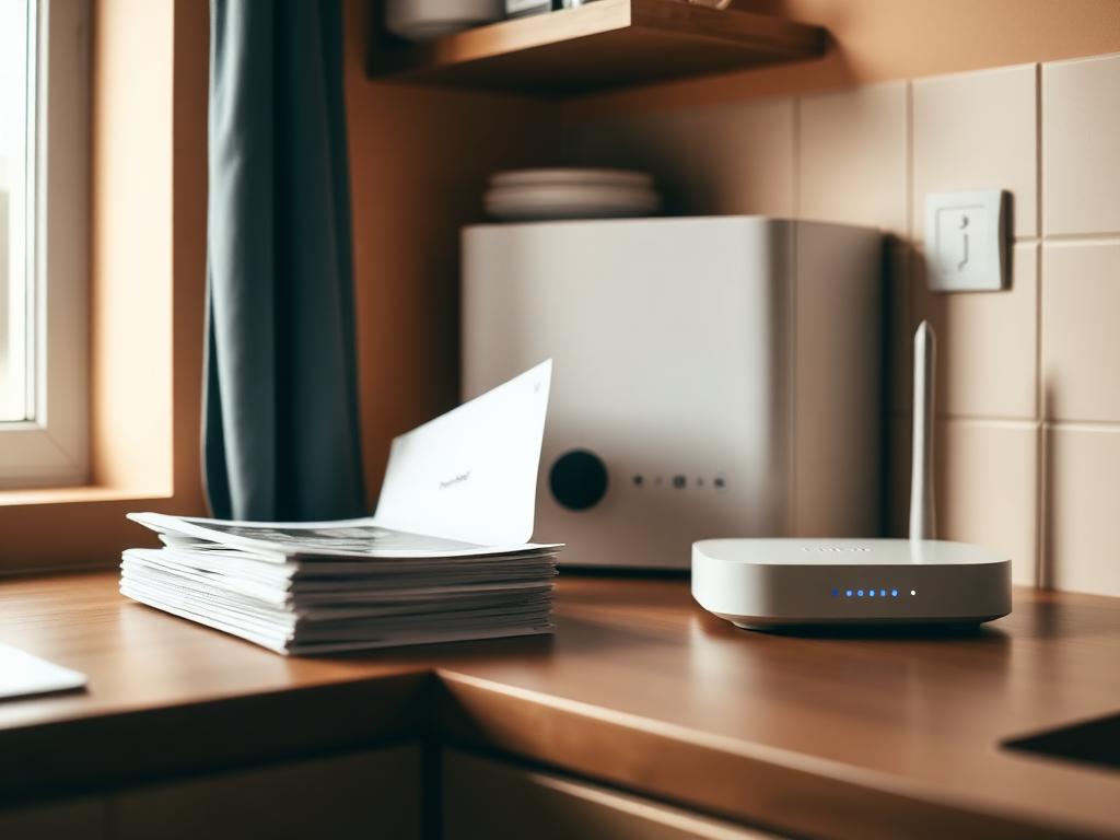 Appliance manuals and a Wi-Fi router on a kitchen counter